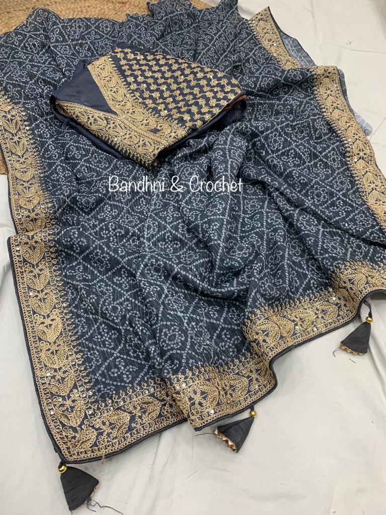 Bandhani Print Teal Blue Color Crochet Work Saree