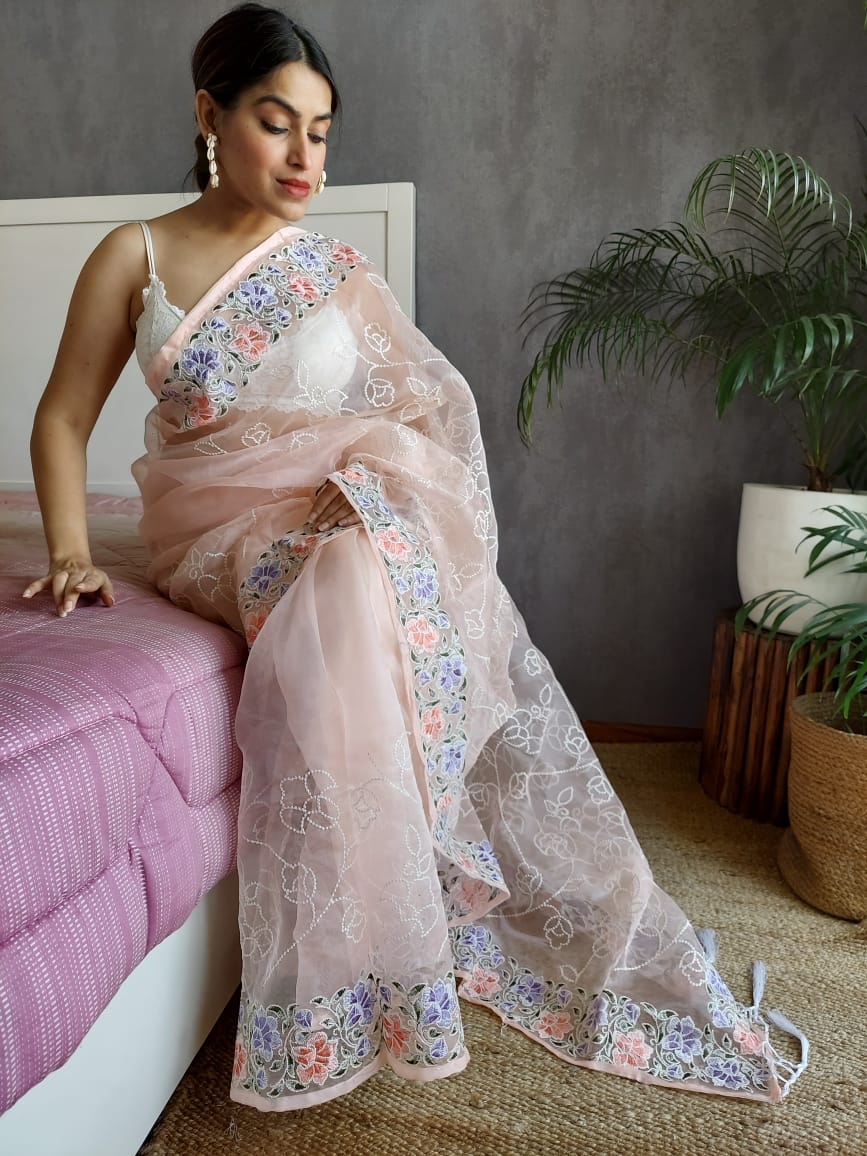 Peach Color Embroidery Work Organza Saree