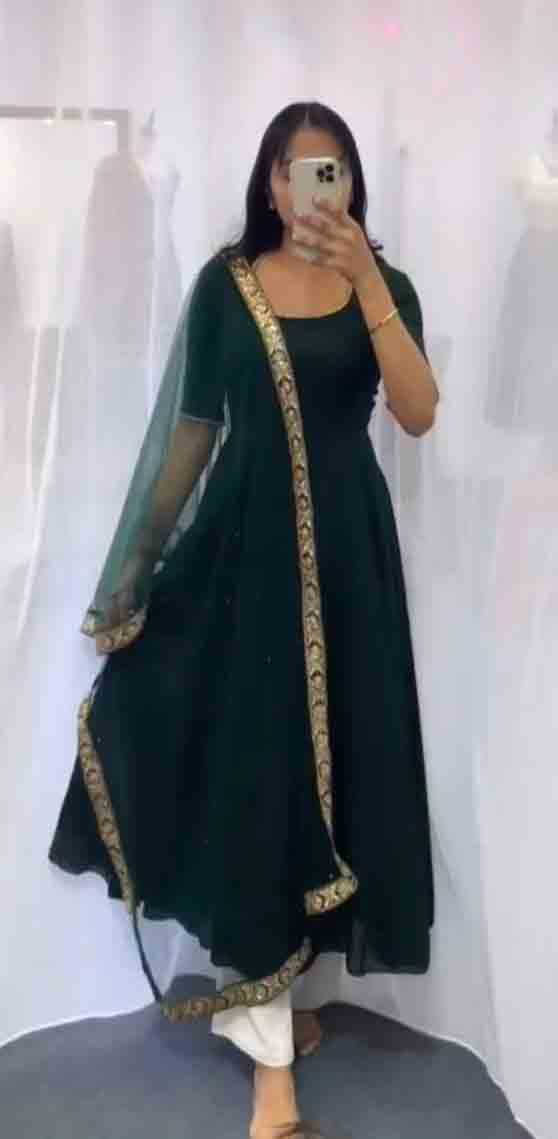 Full Plain Green Color Party Wear Gown With Dupatta