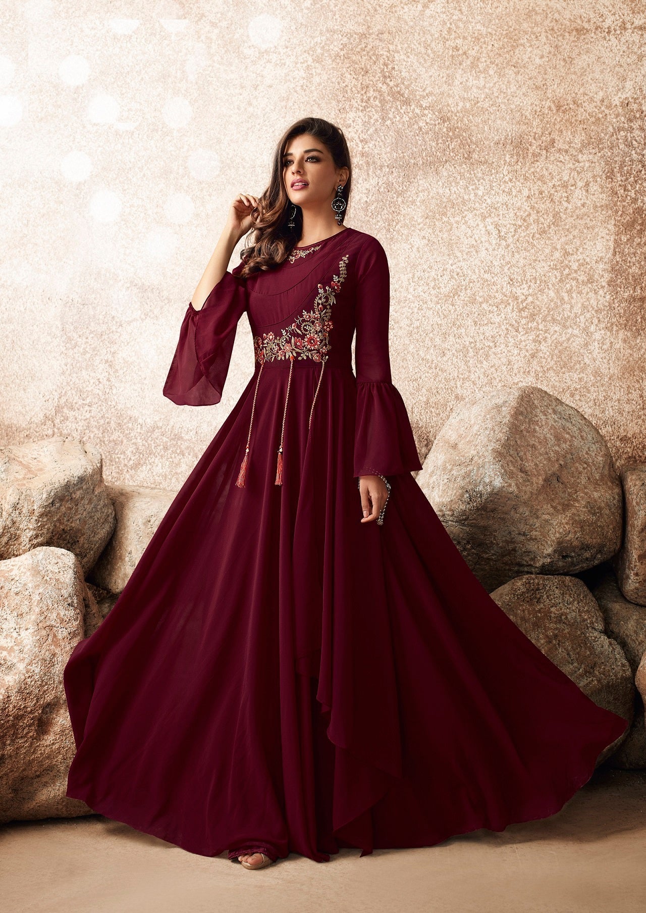 Fancy Maroon Color Embroidered Work Georgette Gown