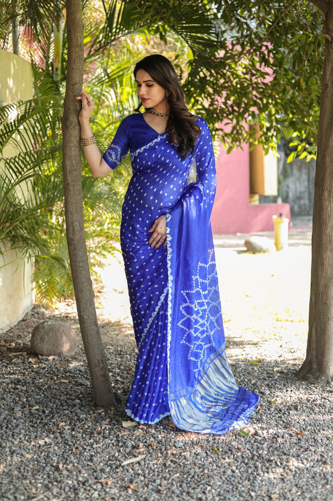 Superhit Blue Color Original Bandhej Silk Saree