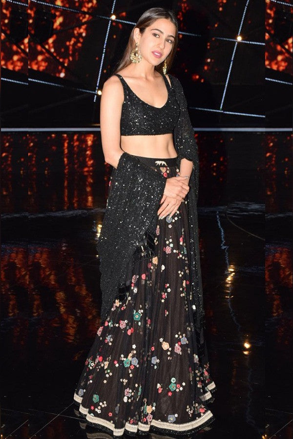 Bollywood Style Sara Ali Khan Wear Black Color Lehenga Choli