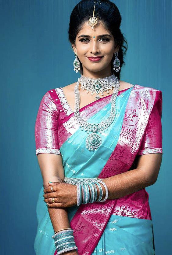 Beautiful Sky Blue With Pink Color Silk Saree