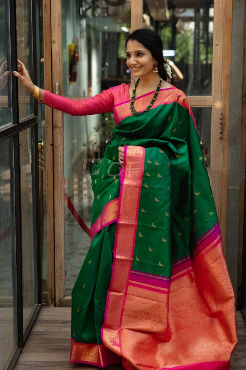 Green With Pink Color Soft Lichi Silk Saree