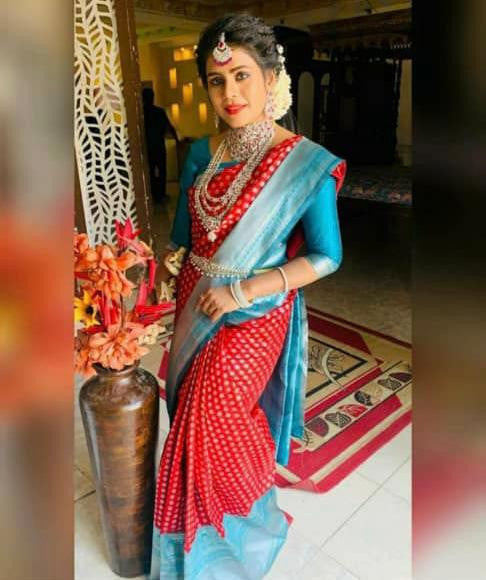 Stunning Sky Blue With Red Color Saree