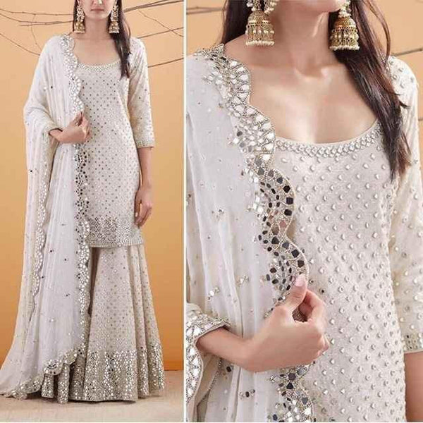 Demanding White Color Fastive Wear Sharara Suit