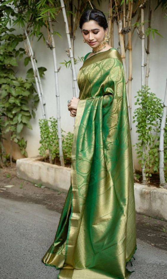Green Color Pure Soft Lichi Silk Amazing Saree
