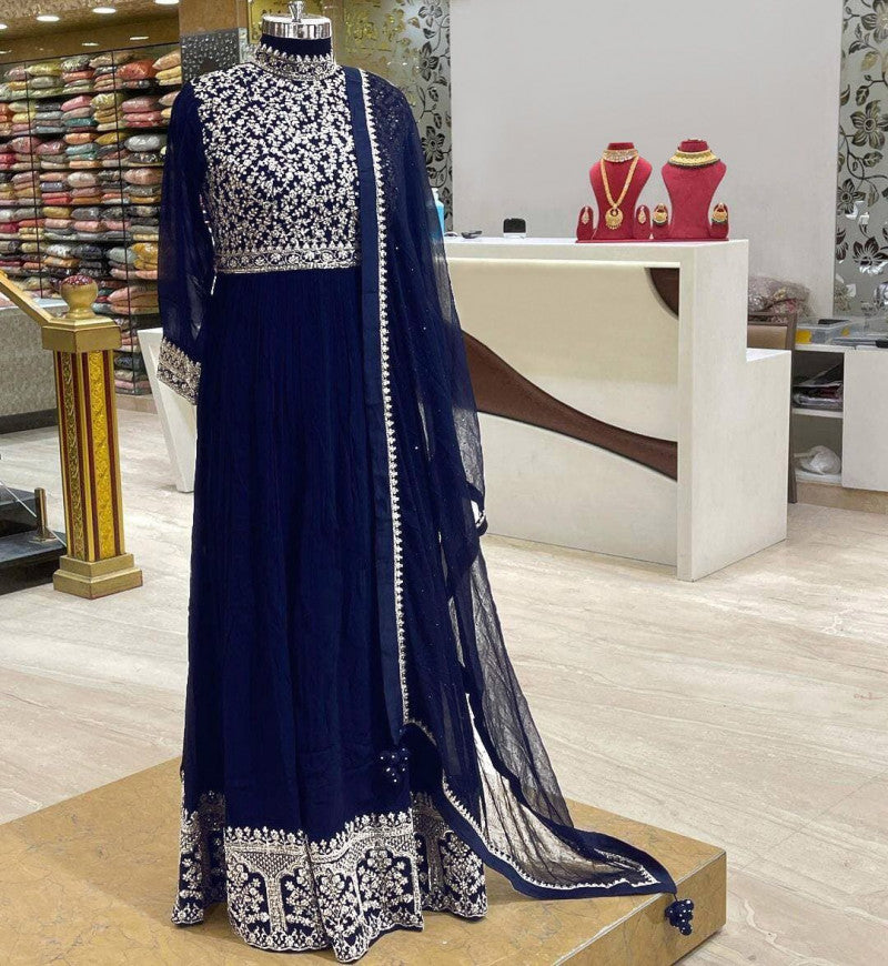 Navy Blue Color Party Wear Embroidery Coding Work Gown With Dupatta