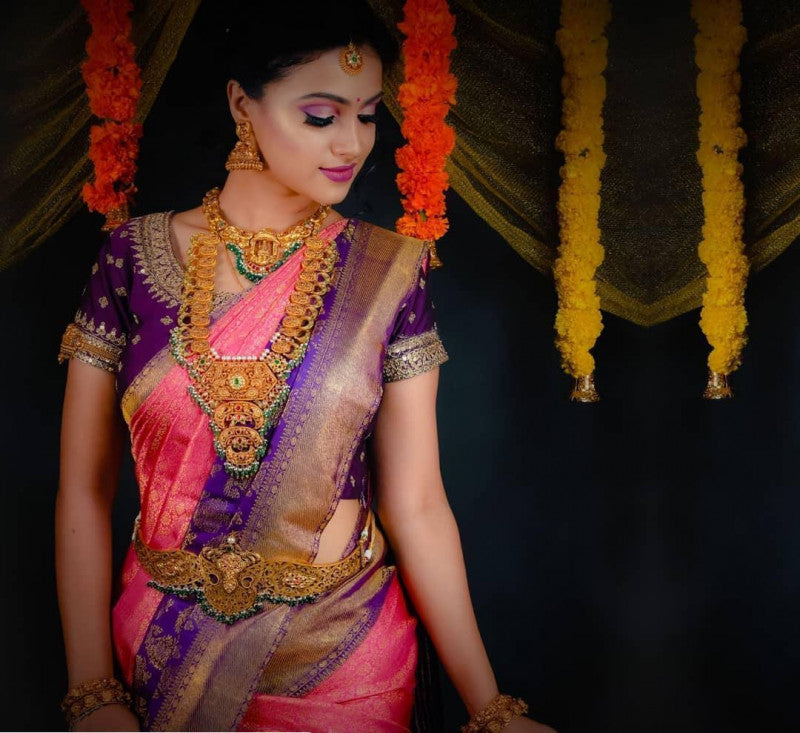 Imposing Pink And Purple Banarasi Silk Saree