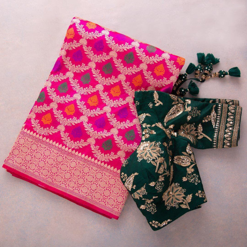 Pretty Pink Color Embroidery Work Cotton Silk Saree