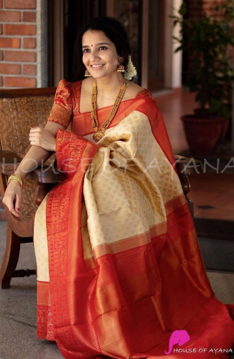 Awesome Red with Cream Color Banarasi Silk Saree