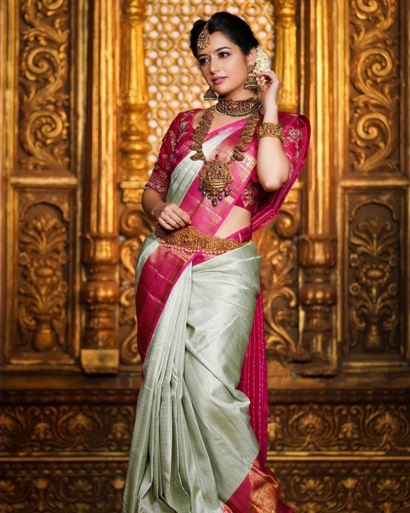 Attractive White And Pink Banarasi Silk Saree