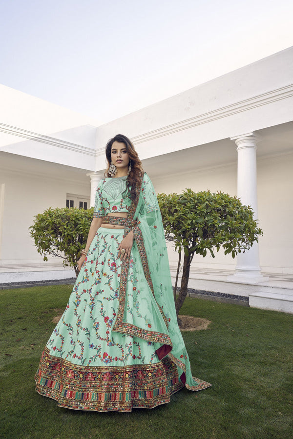 Dazzling Pista Green Thread With Sequence Lehenga Choli With Belt