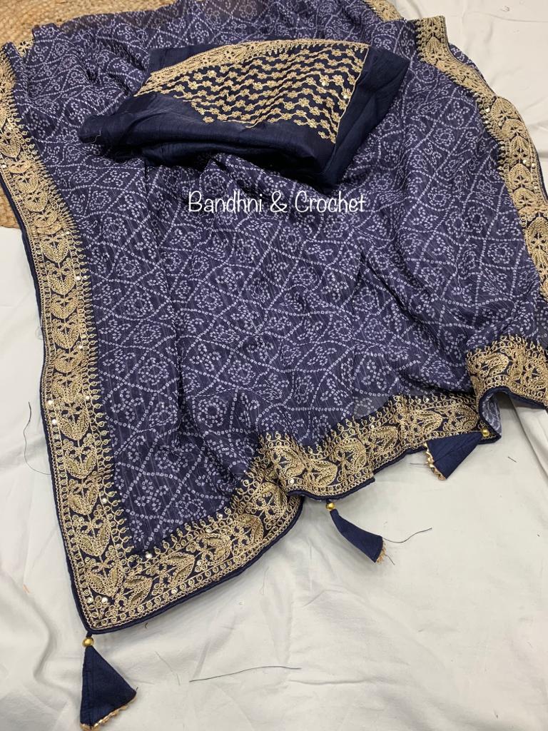 Bandhani Print Navy Blue Color Crochet Work Saree