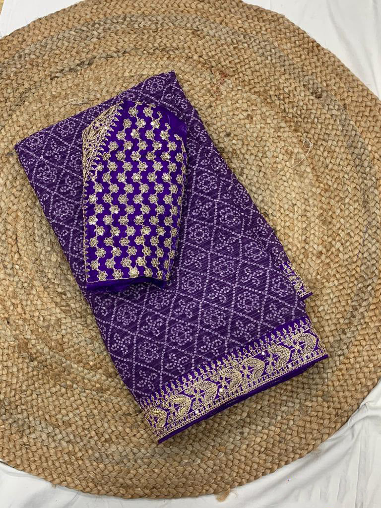 Bandhani Print Purple Color Crochet Work Saree