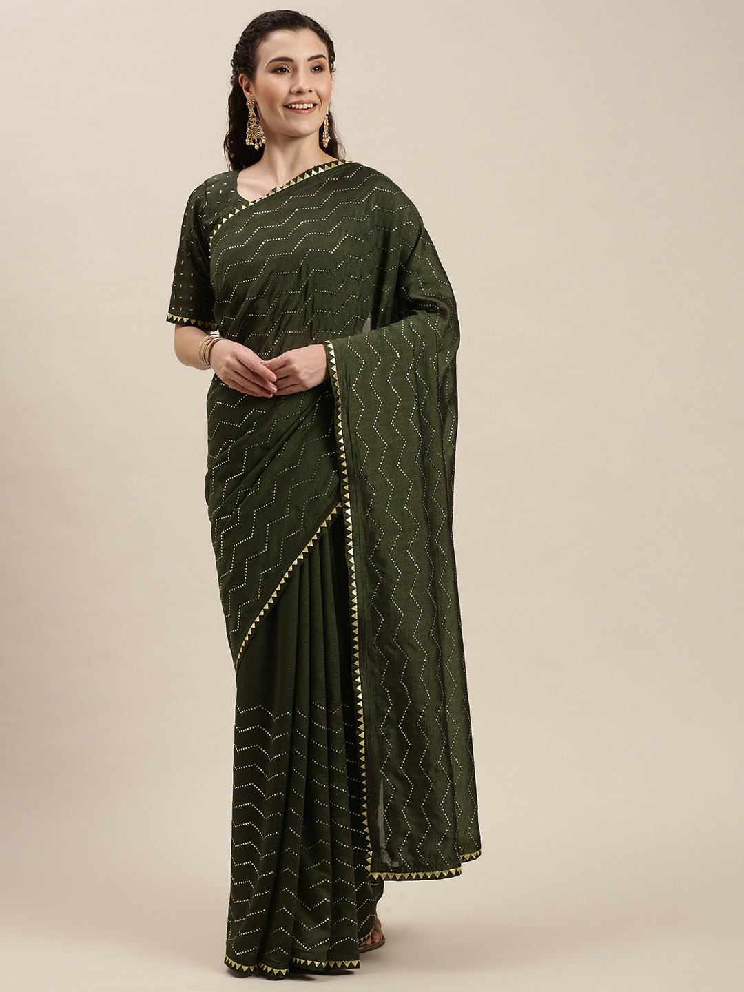 Green Color Golden Stones Work Art Silk Saree