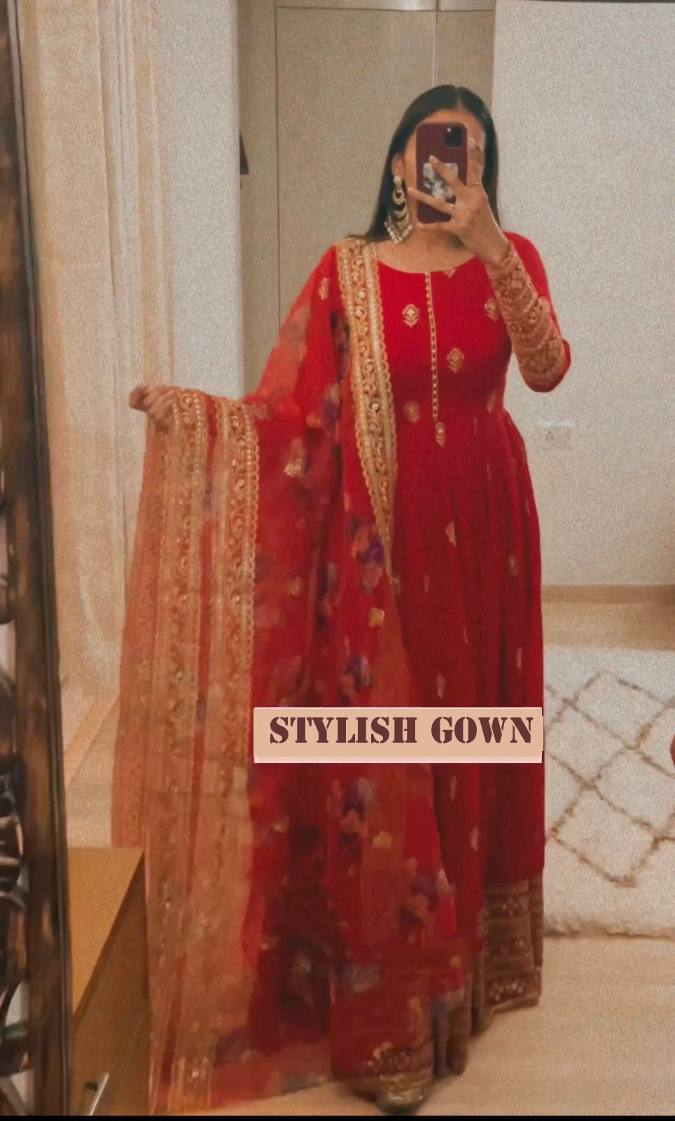 Festive Wear Chine Sequence Work Red Color Gown