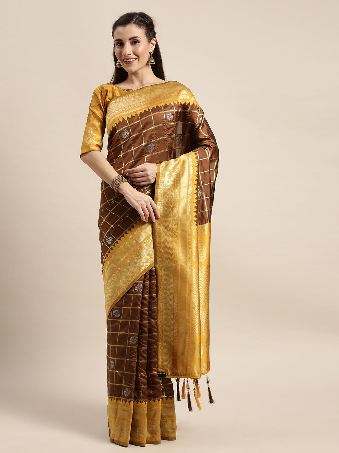 Admiring Brown And Yellow Banarasi Silk Saree