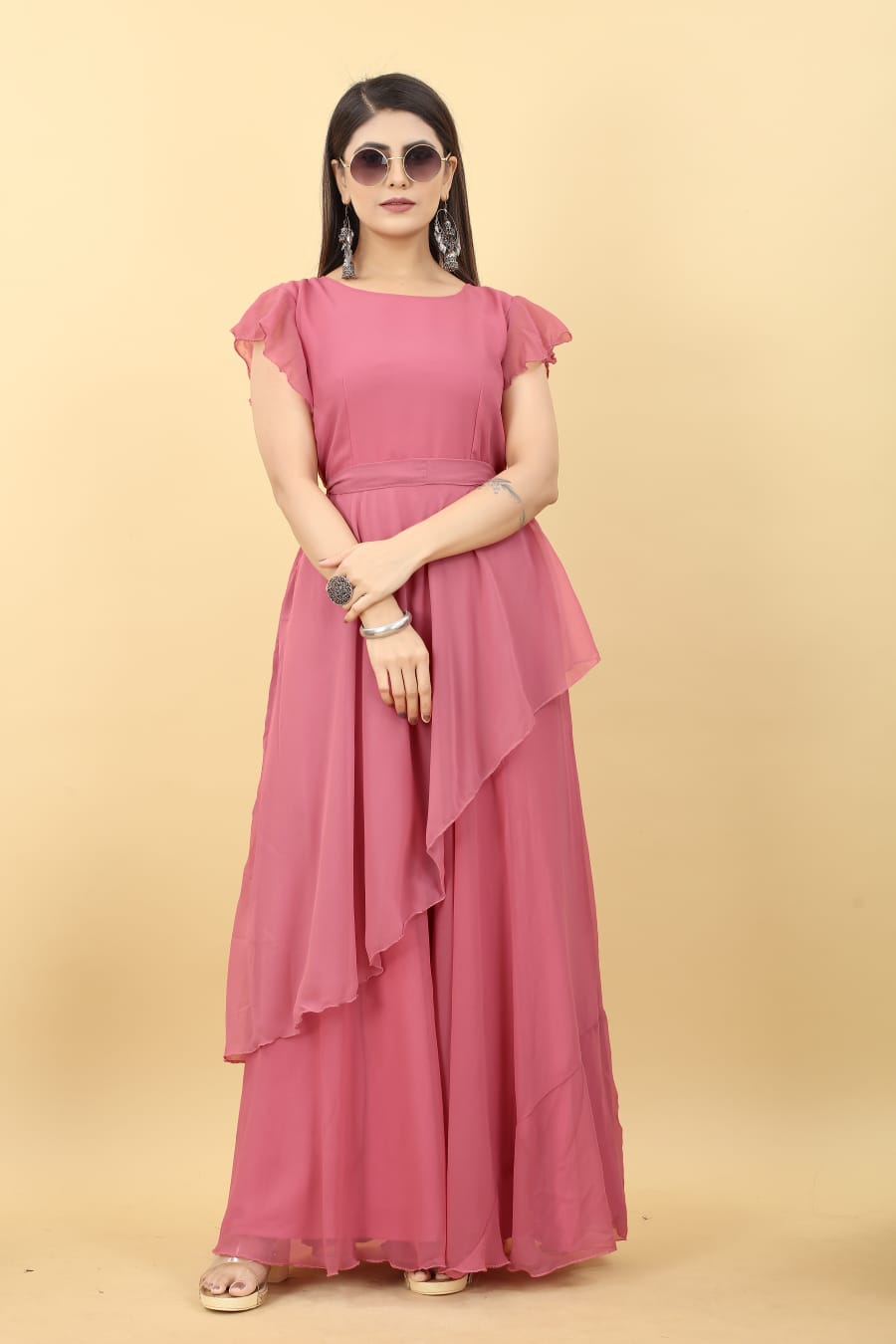 Umbrella Sleeve Peach Color Georgette Gown