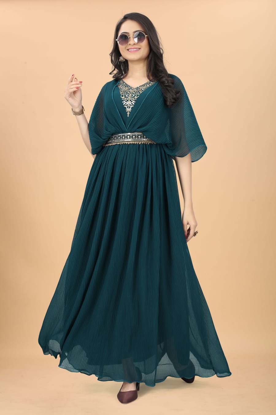 Teal Blue Color Fancy Pleated Designer Gown