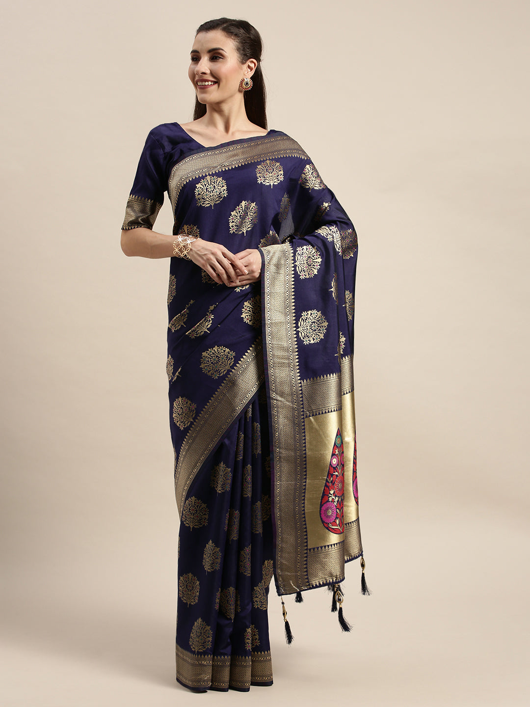Glimmering Dark Blue Color Banarasi Silk Saree