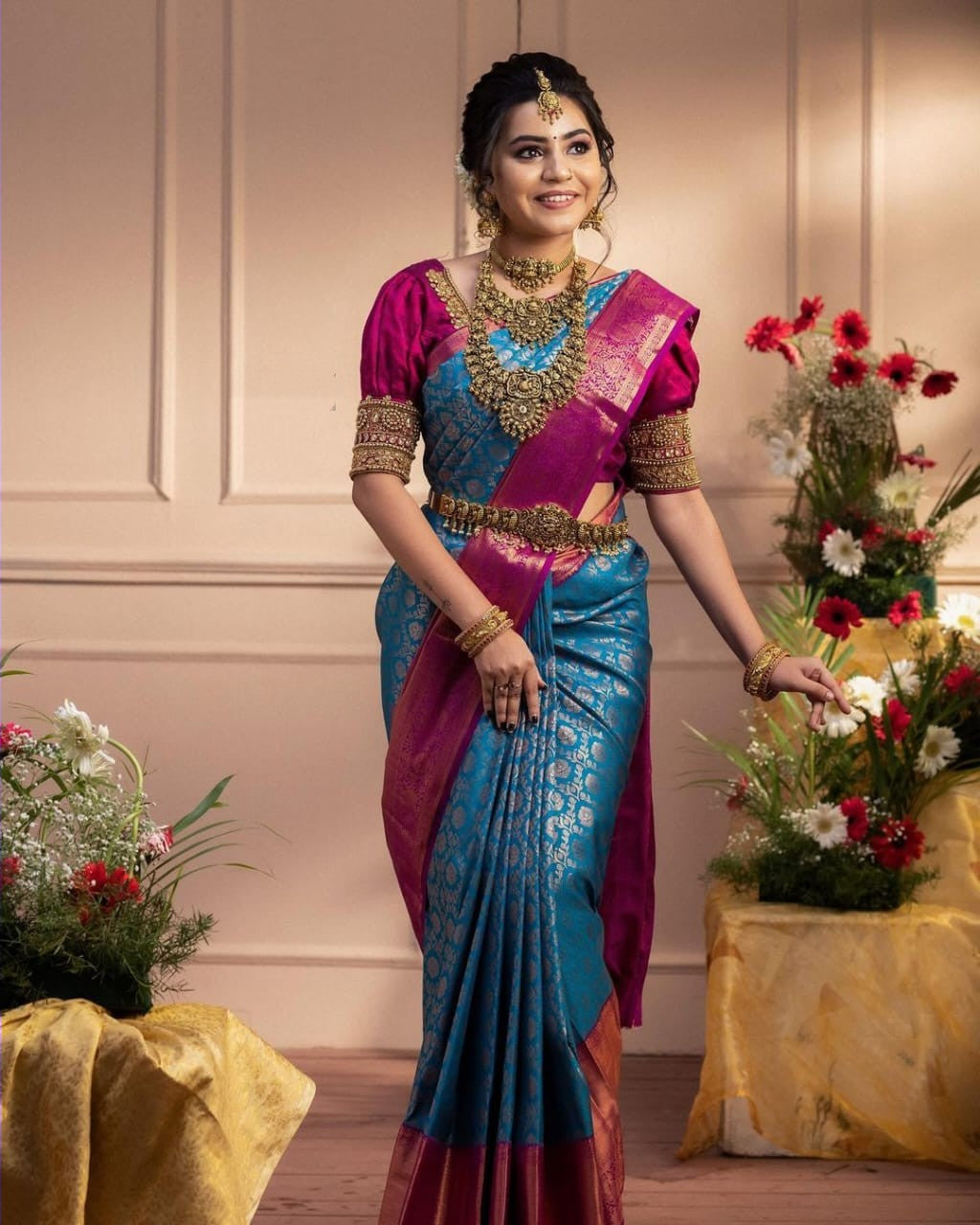 Sky Blue With Pink ColorSoft Lichi Silk Party Wear Saree