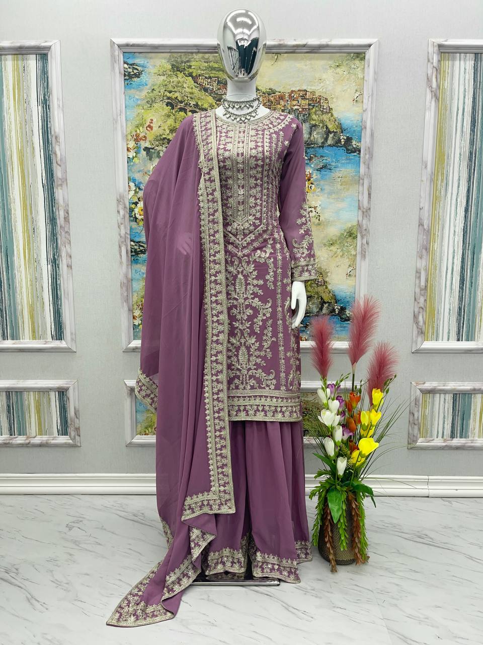 Stylish Dusty Pink Color Embroidery Work Sharara Suit