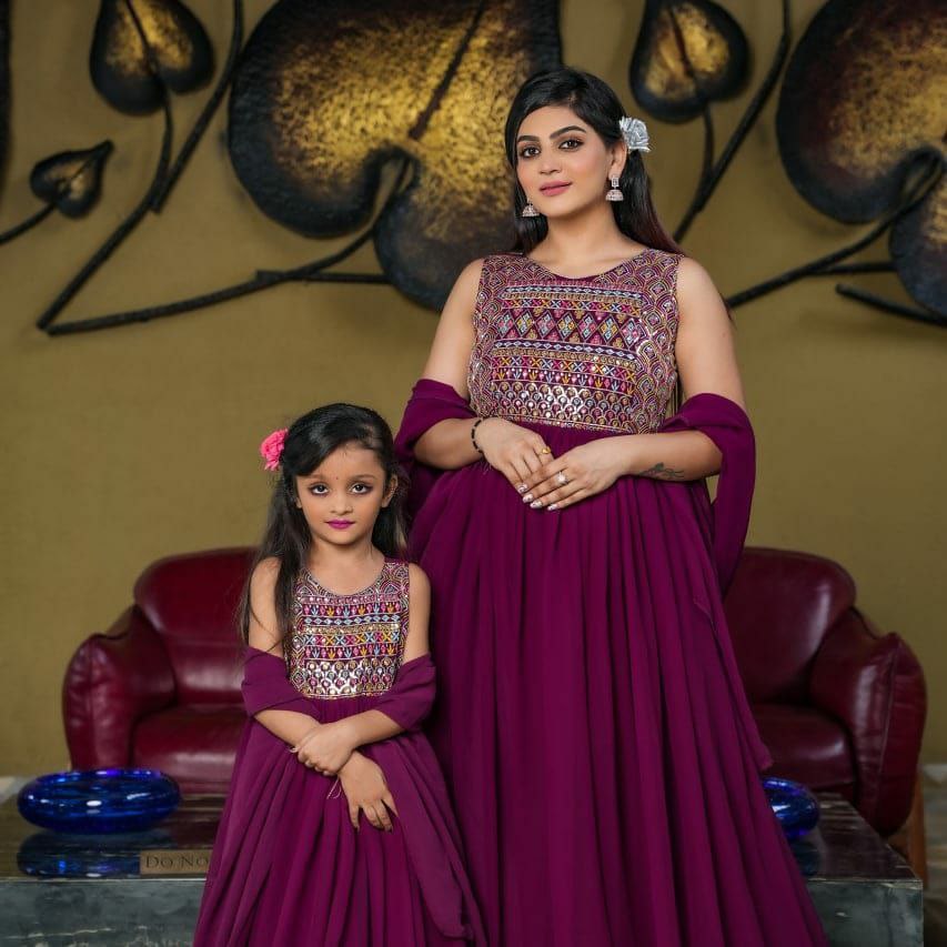 Wine Color Ruffle Style Embroidery Work Mother-Daughter Gown