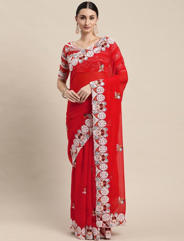 Wedding Wear Red Color Embroidery Work Saree