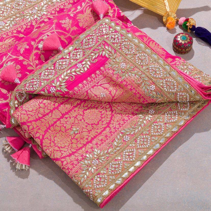 Attractive Pink Color Gotapati Work Printed Silk Saree