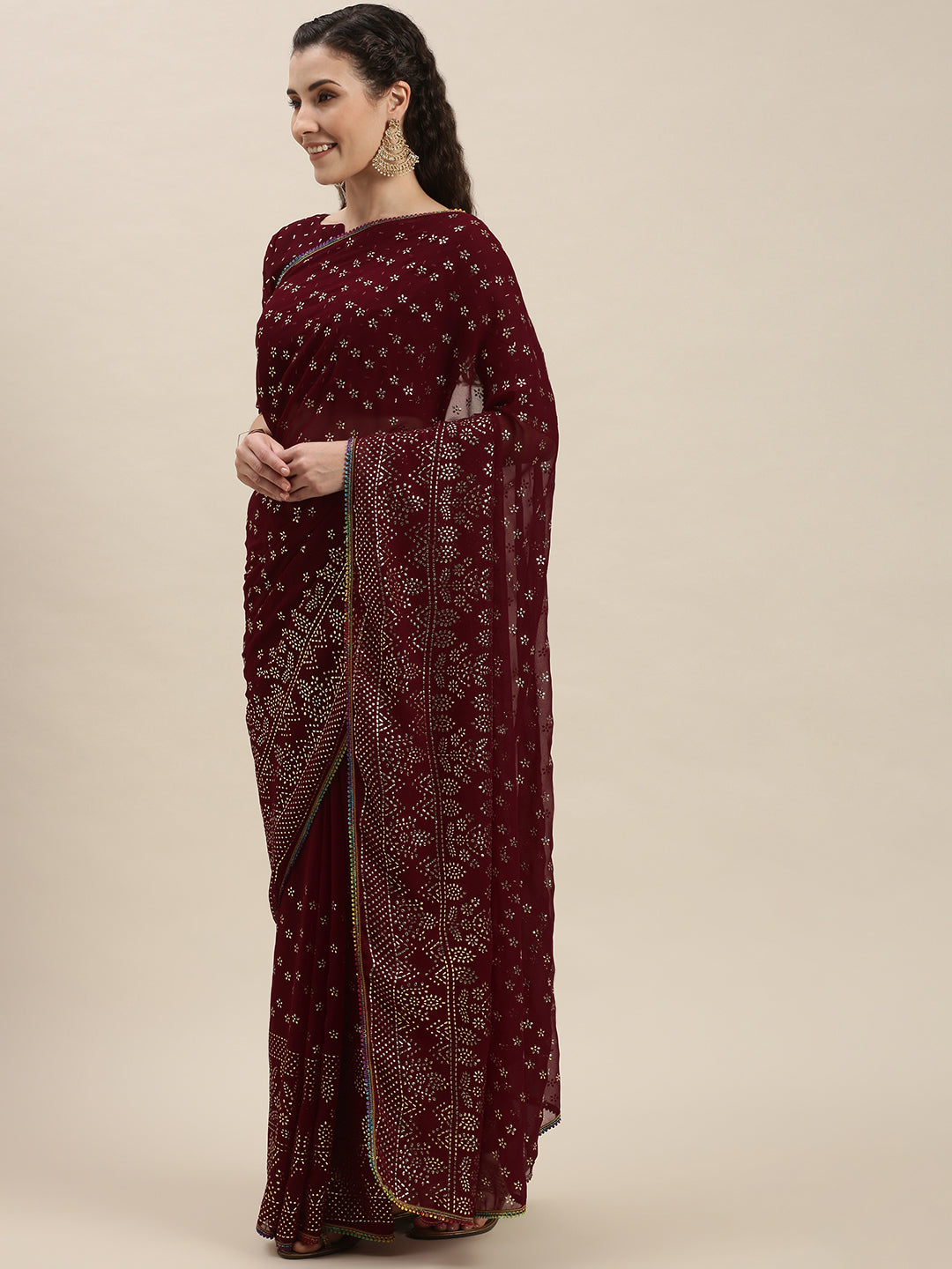 Maroon Color Silver-Toned Embroidered Saree