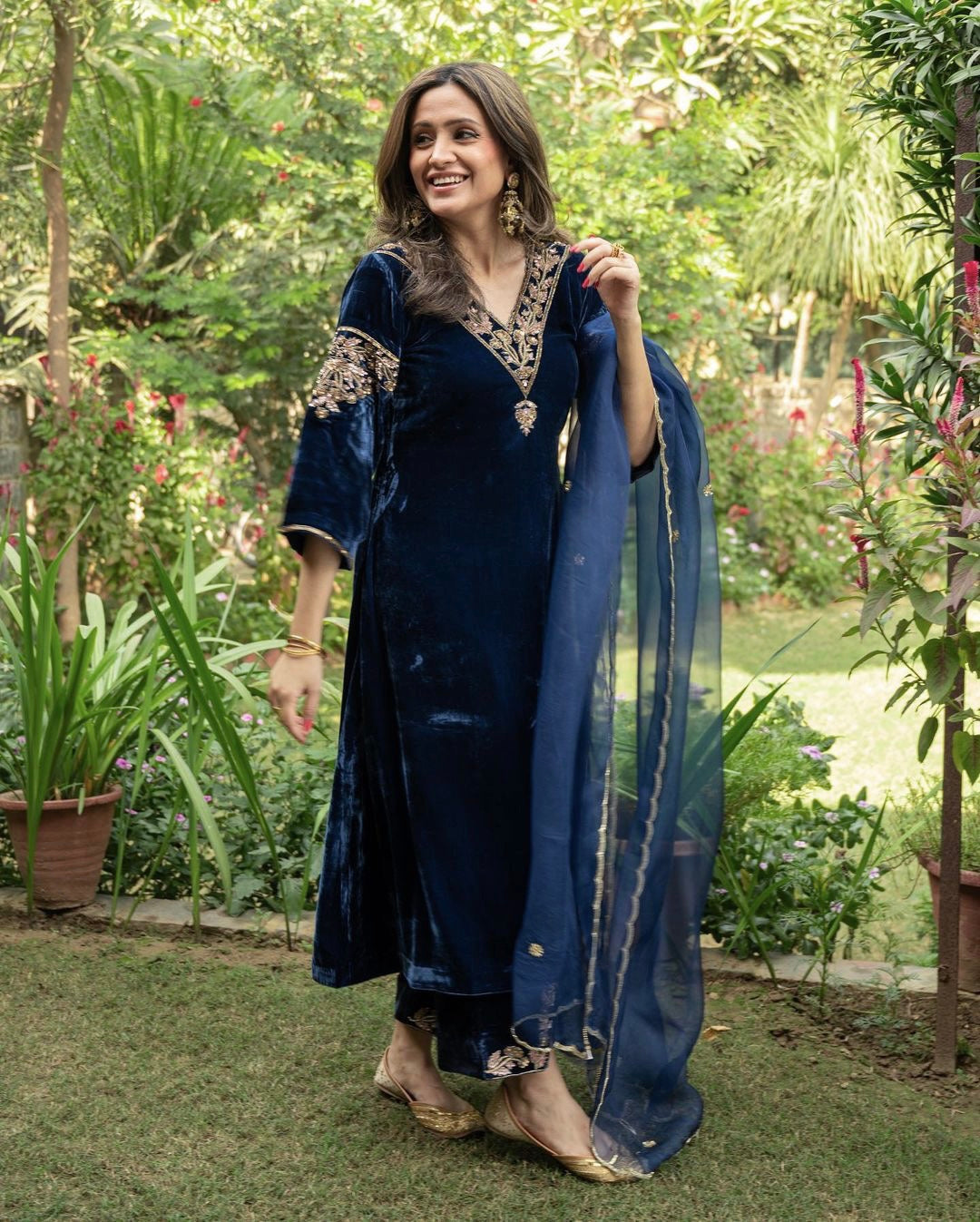 Charming Blue Color Embroidery Sequence Velvet Plazzo Suit