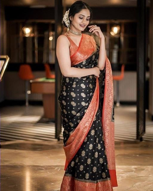 Fancy Black With Red  Color Soft Lichi Silk Party Wear Saree