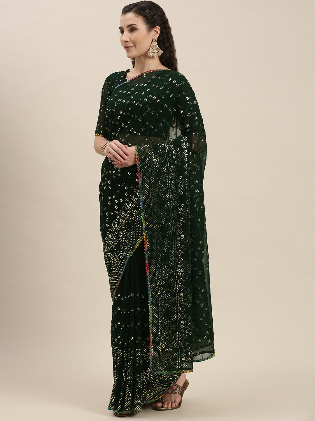 Green Color Silver-Toned Embroidered Saree