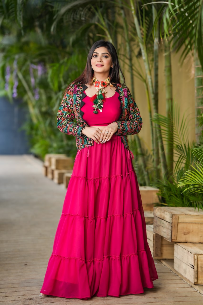 Fancy Dark Pink Color Lehenga Choli With Shrug