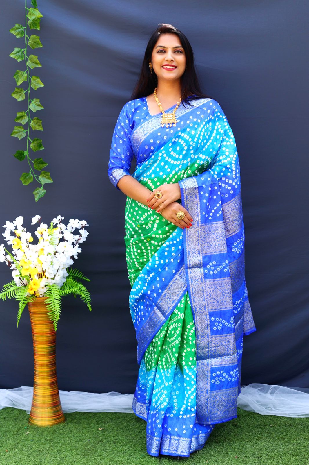 Beautiful Design Border Blue Color Bandhej Silk Saree