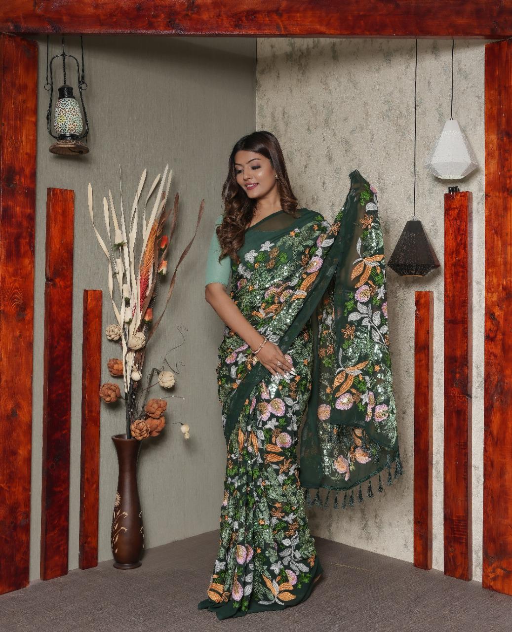 Heavy Multi-embroidered Sequence Work Green Color Saree
