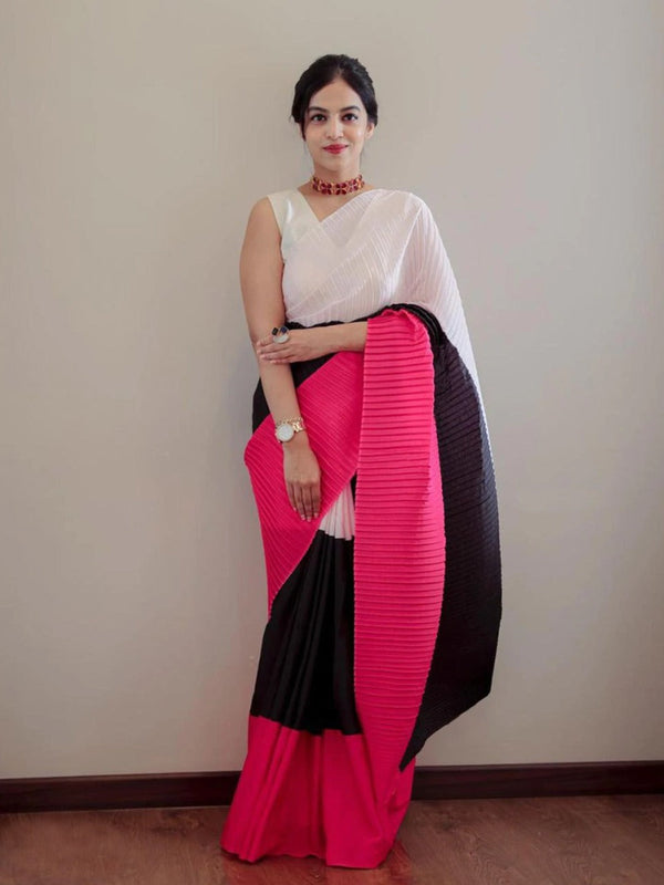 Awesome Black-white With Red Pleated Saree