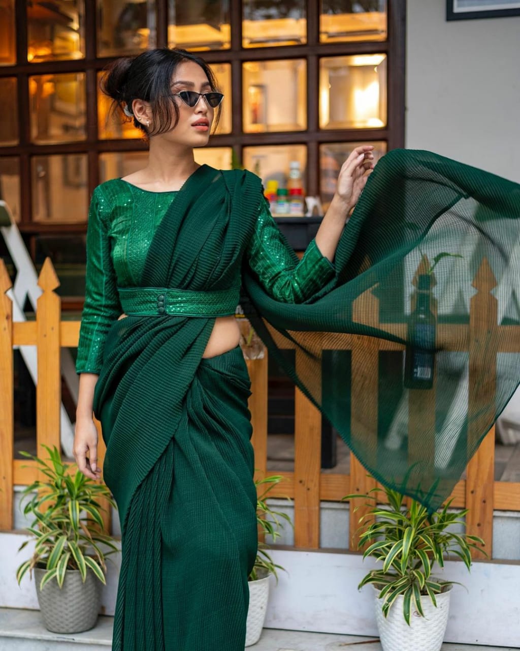 Dark Green Color Crushed Saree With Fancy Attached Belt Blouse