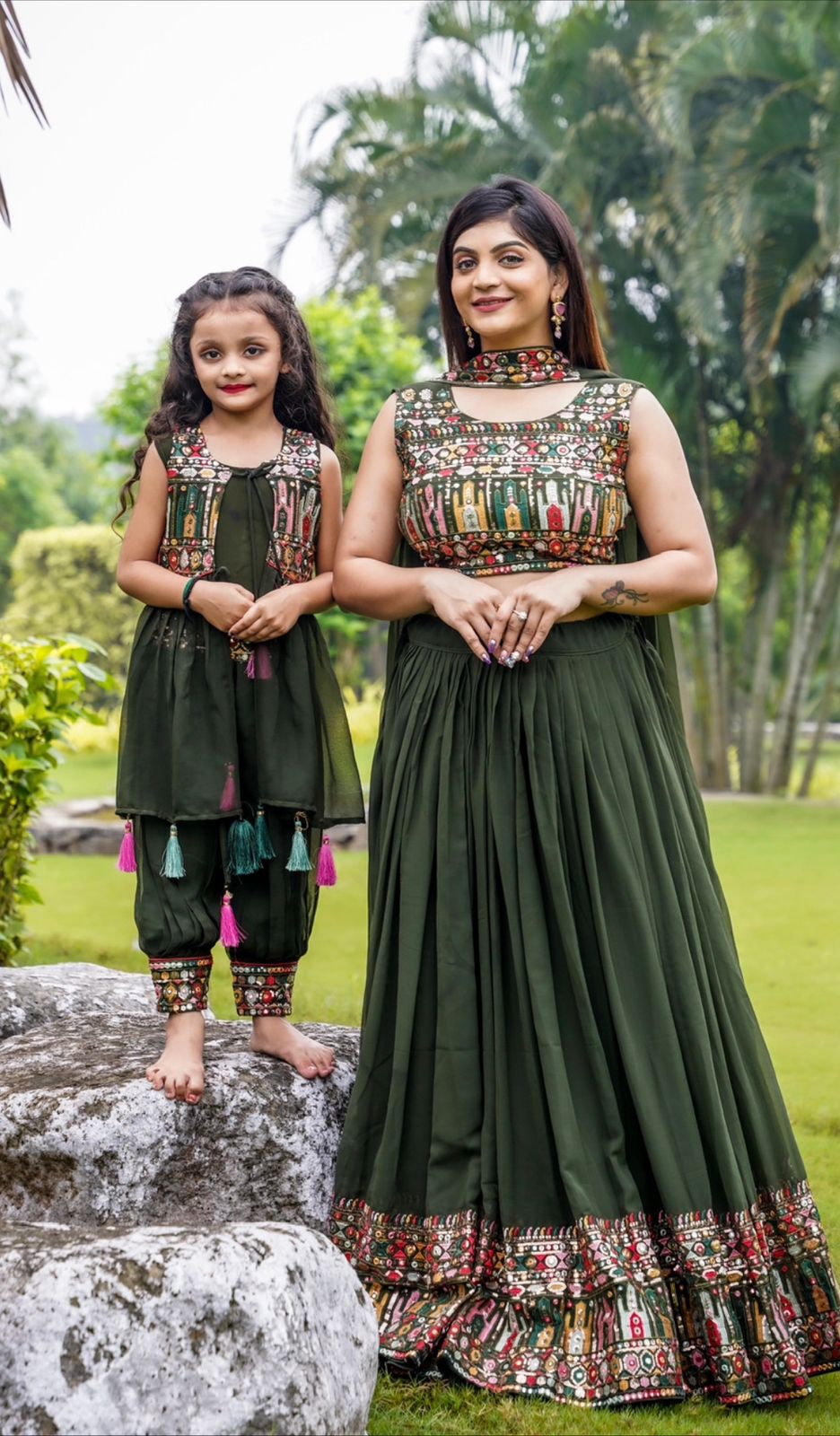 Trending Mehndi Colour Mother-Daughter Dress