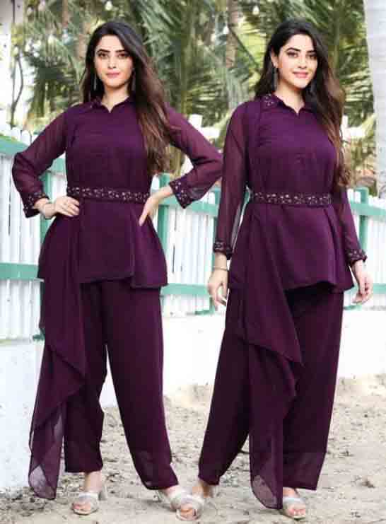 Presenting Wine Color Handwork Top With Pant