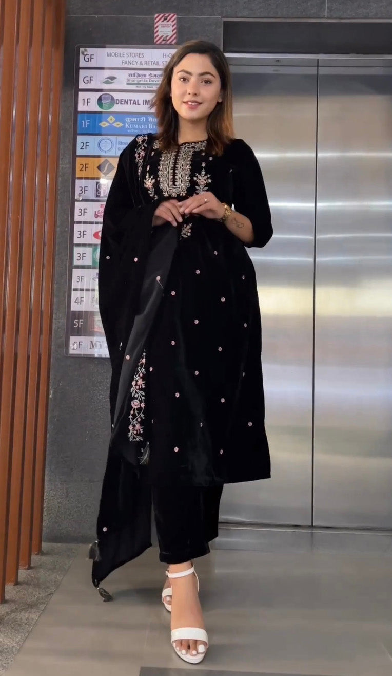 Party Wear Black Color Embroidery Work Velvet Salwar Suit