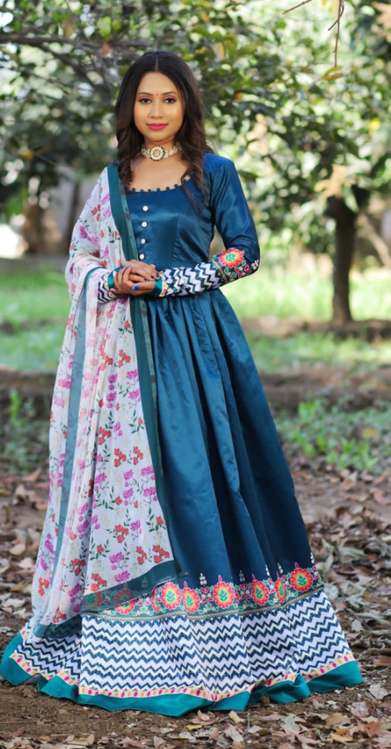 Teal Blue Color Printed Malai Silk Gown