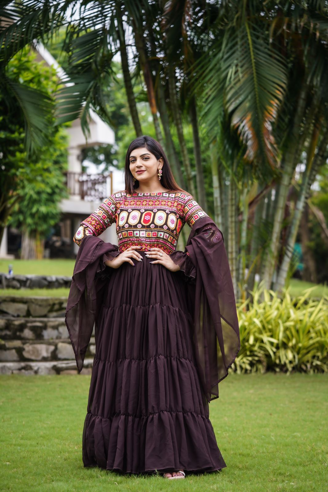 Ruffle Style Brown Color Sequence Thread Work Gown