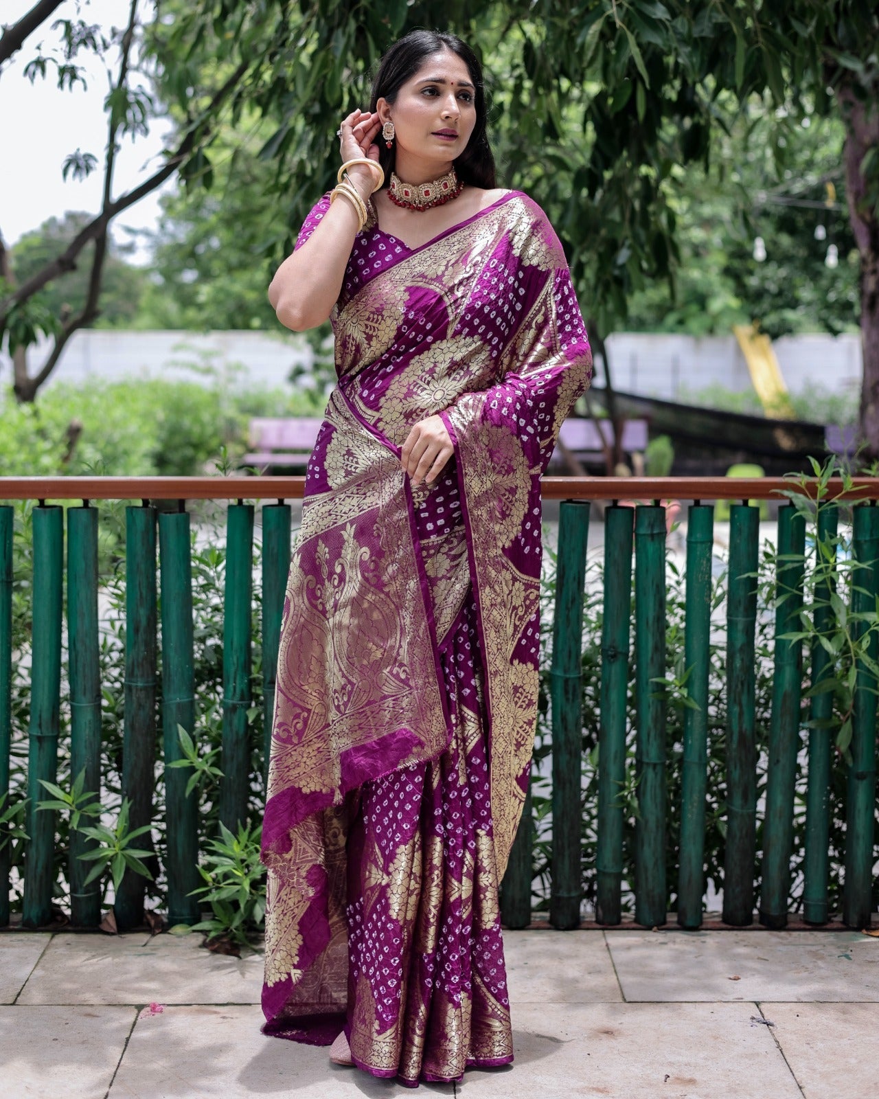 Trendy Zari Weaving Border Wine Color Pure Bandhani Saree