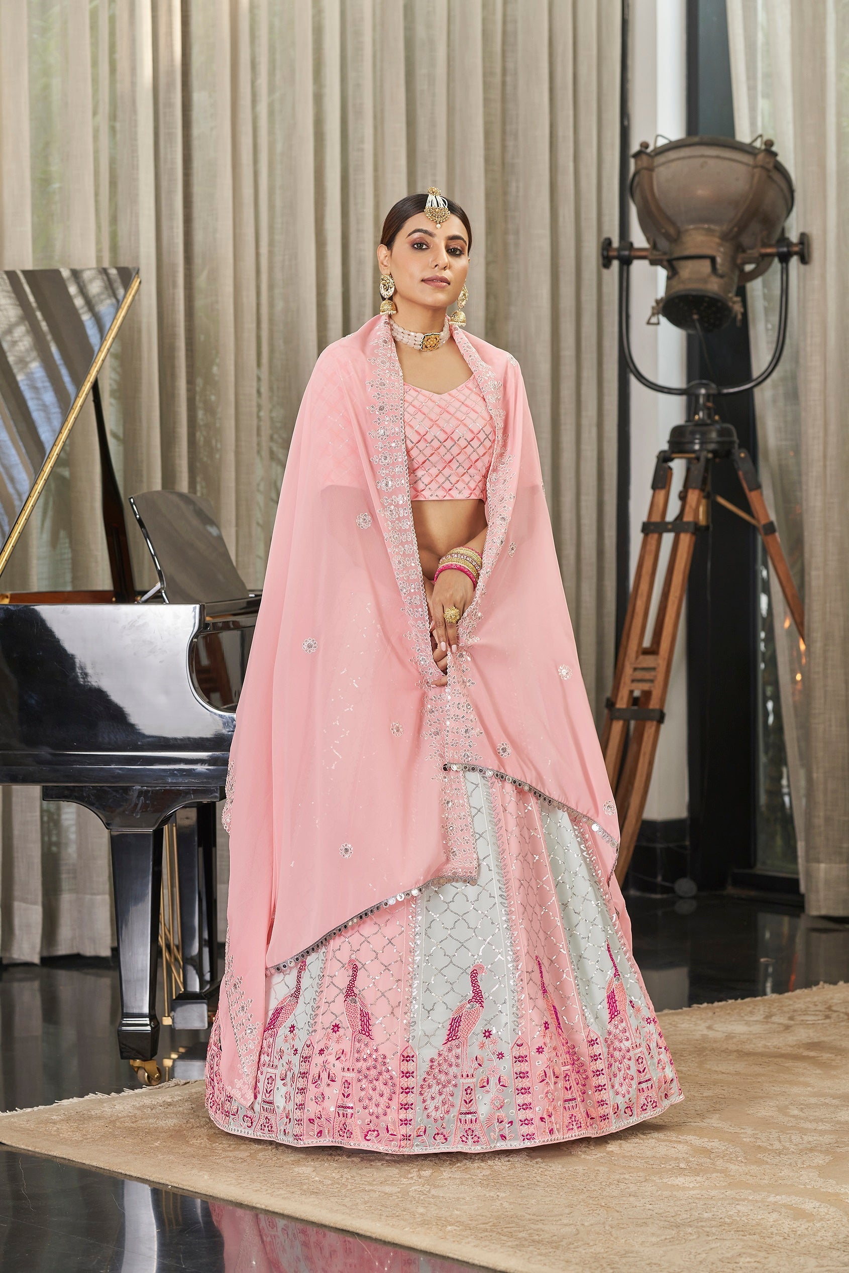Exclusive Pink With Sky Color Sequence Embroidered Work Lehenga Choli