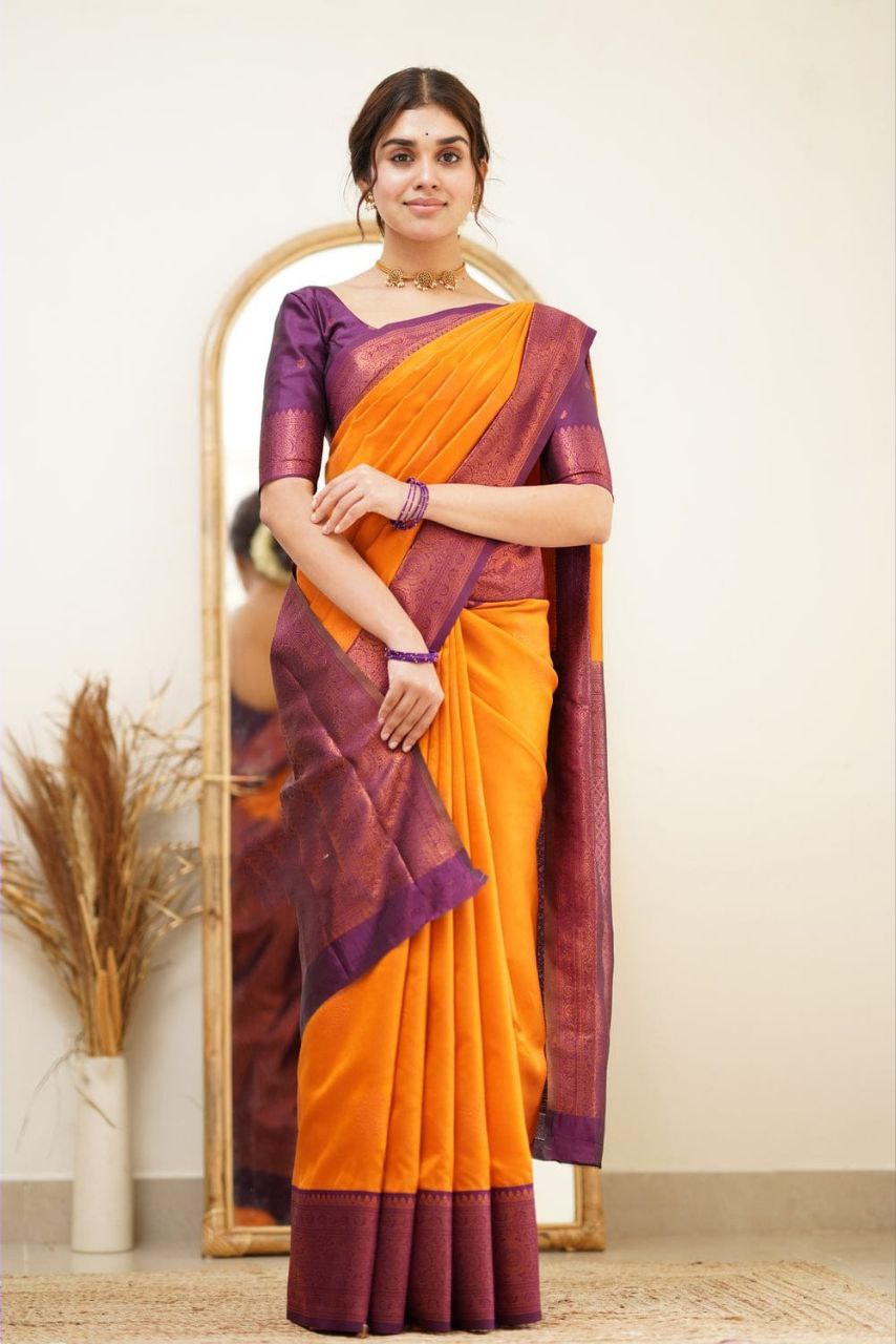 Designer Orange Color Coper Jari Design Soft Silk Saree