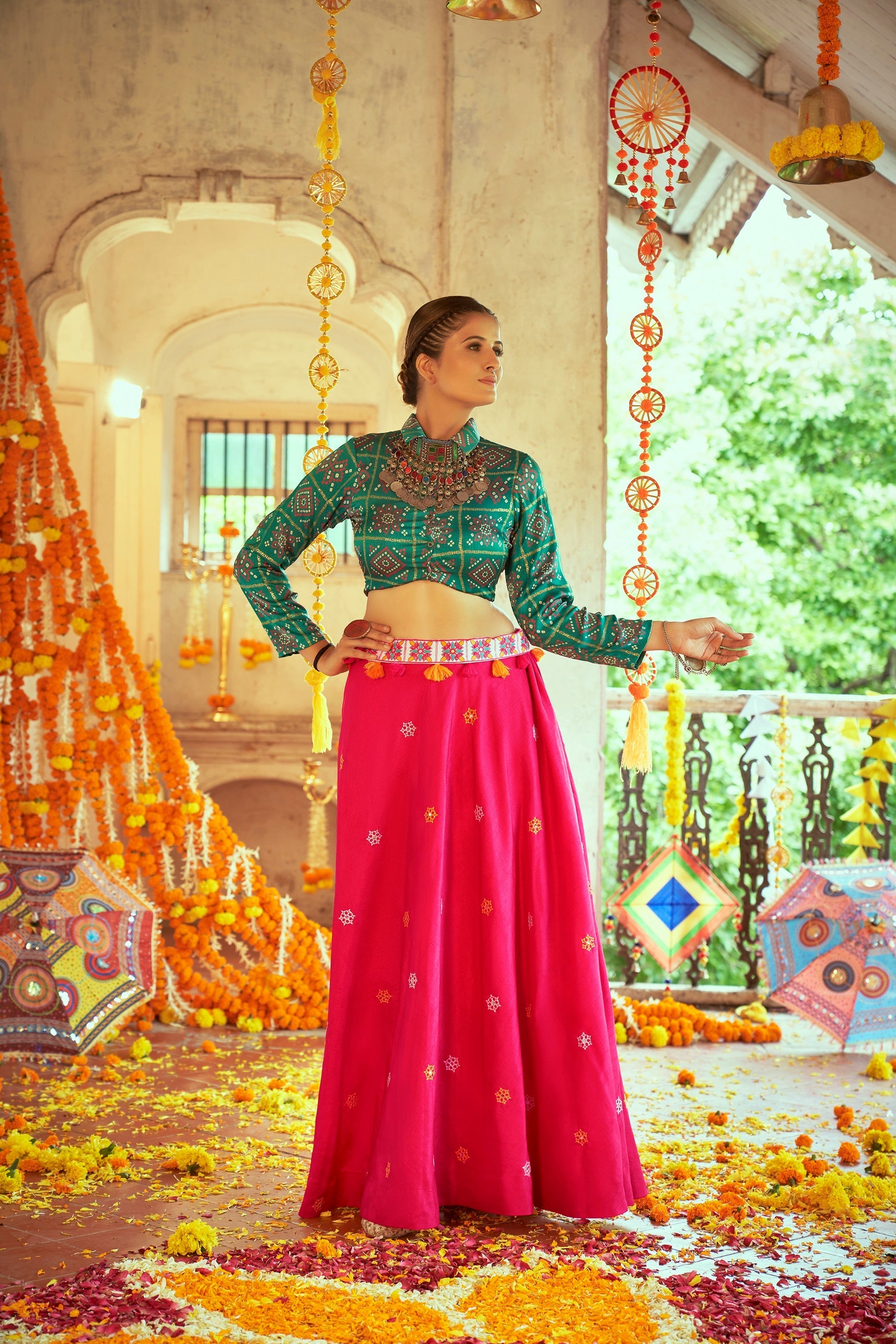 Green With Pink Color Navratri Special Ready To Wear Croptop Lehenga
