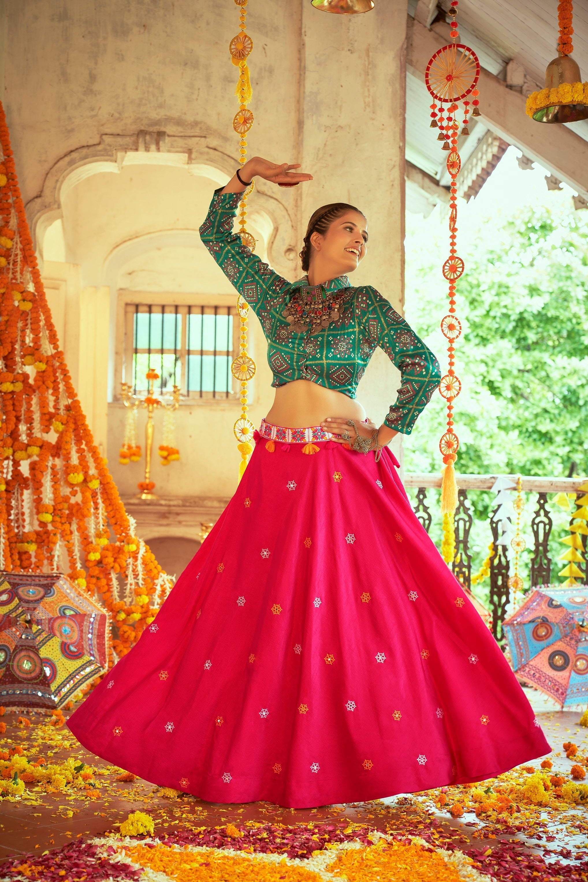 Green With Pink Color Navratri Special Ready To Wear Croptop Lehenga