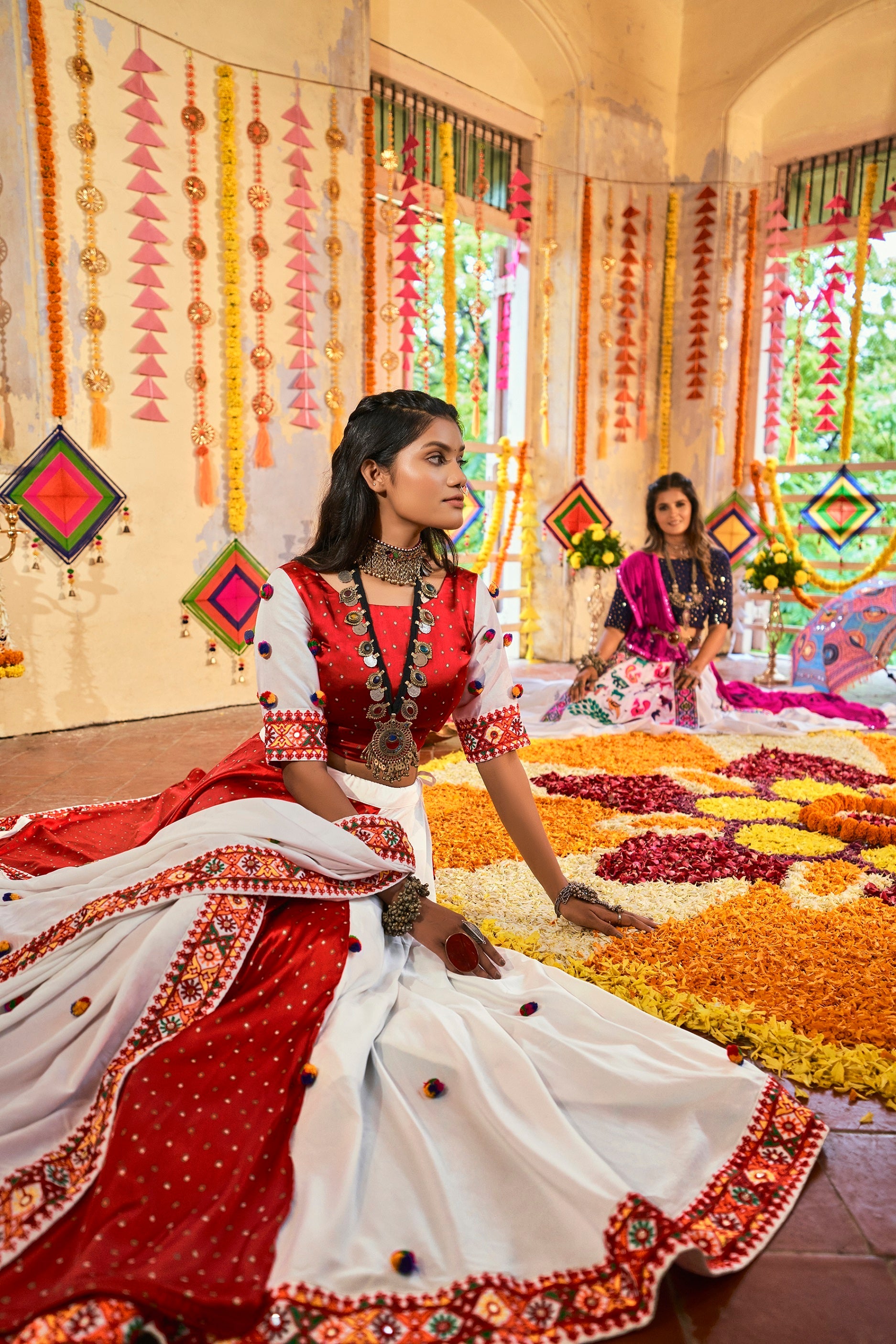 Traditional Wear White & Red Color Navratri Special Lehenga Choli